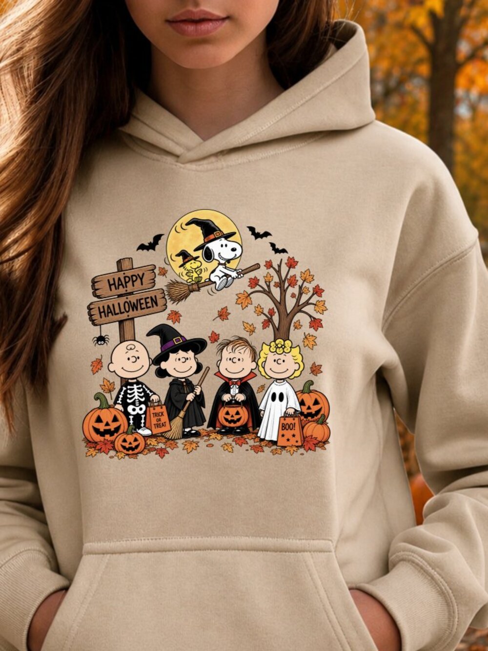 Peanuts Halloween HOODIE Graphic Sweatshirt Cozy Fall Trick Treat Snoopy Fly